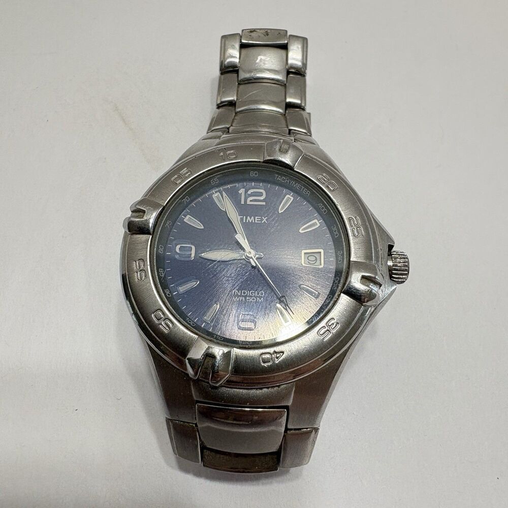 Timex Indiglo Watch Mens 38mm Sunray Dial Day Stainless Steel Band Quartz Workin
